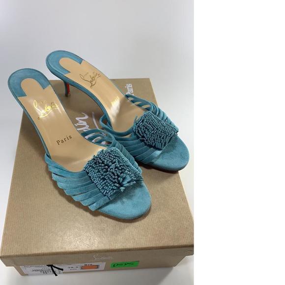 Belbrossa Noumea Aqua Blue 55mm Fringe Suede Kitten Heel Sandals D585 - Picture 2 of 12